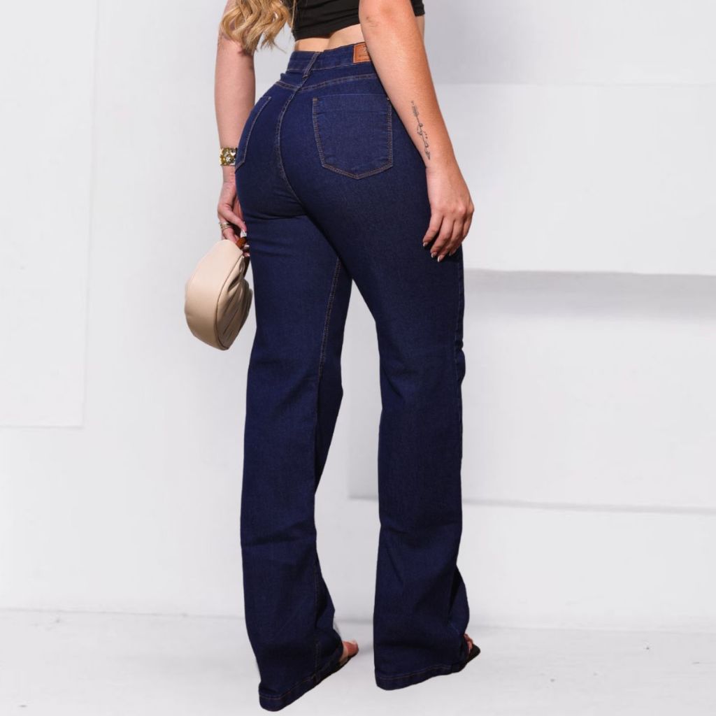Calça Jeans Feminina Wide leg Pantalona cintura alta Lavagem Escura Boca Larga e bolsos Moda Gringa