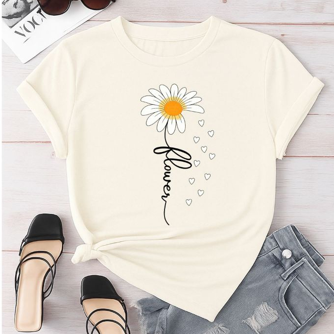 Camiseta Feminina 100% Algodão Blusa Feminina T-Shirt Flor Margarida Delicada em Oferta na Shopee