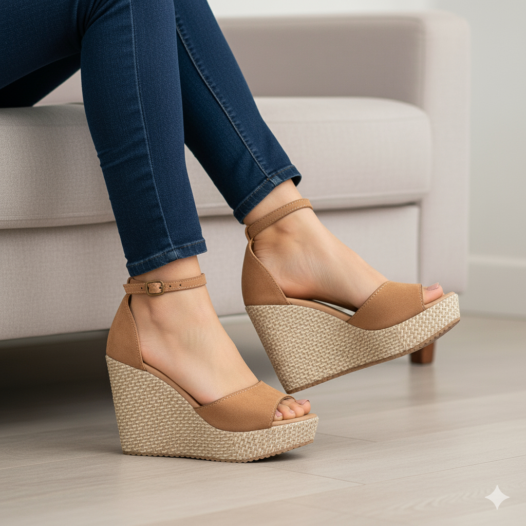 Sandalia Anabela Feminina Sapato Salto Alto Casual Sola Emborrachada Moda Macia Confortável