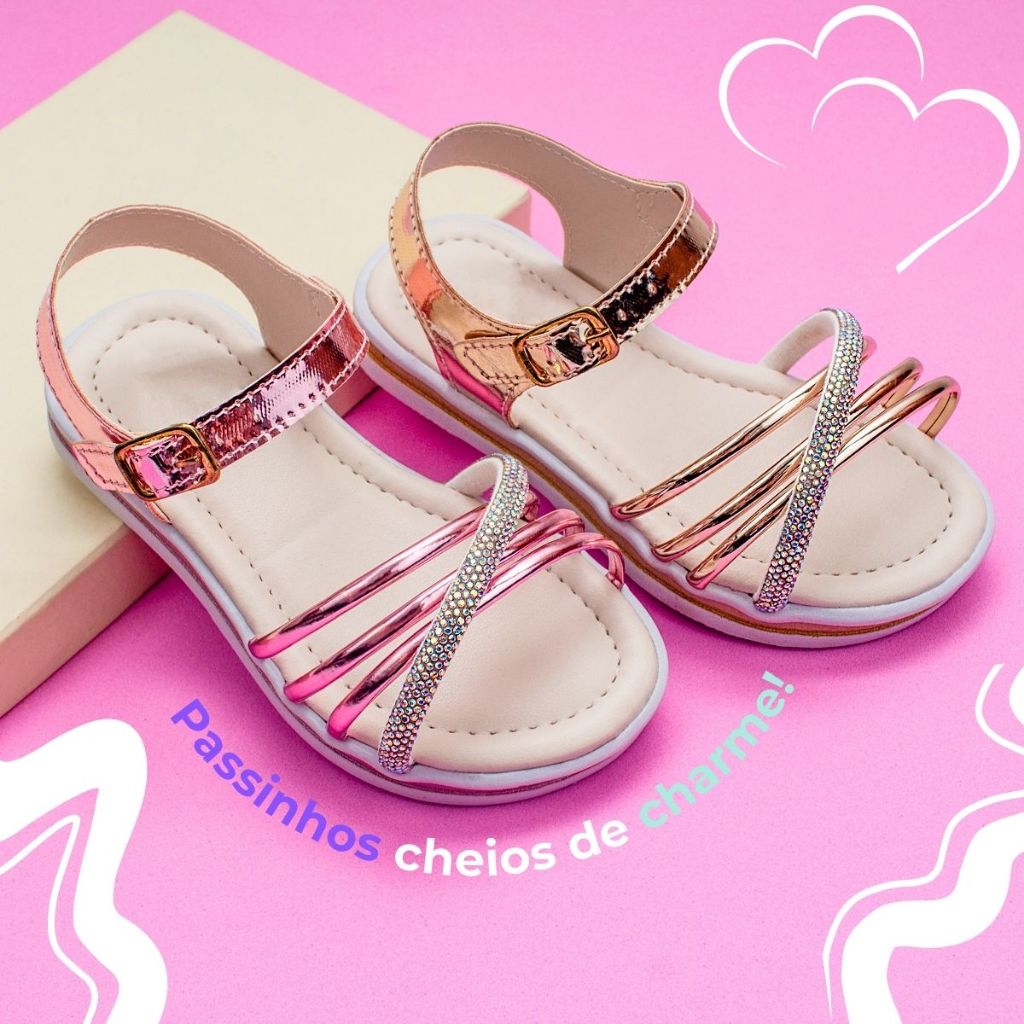 Sandália Infantil Menina Brilho Strass Delicada Confortável Fivela Casual Festa Promoção 20 ao 27