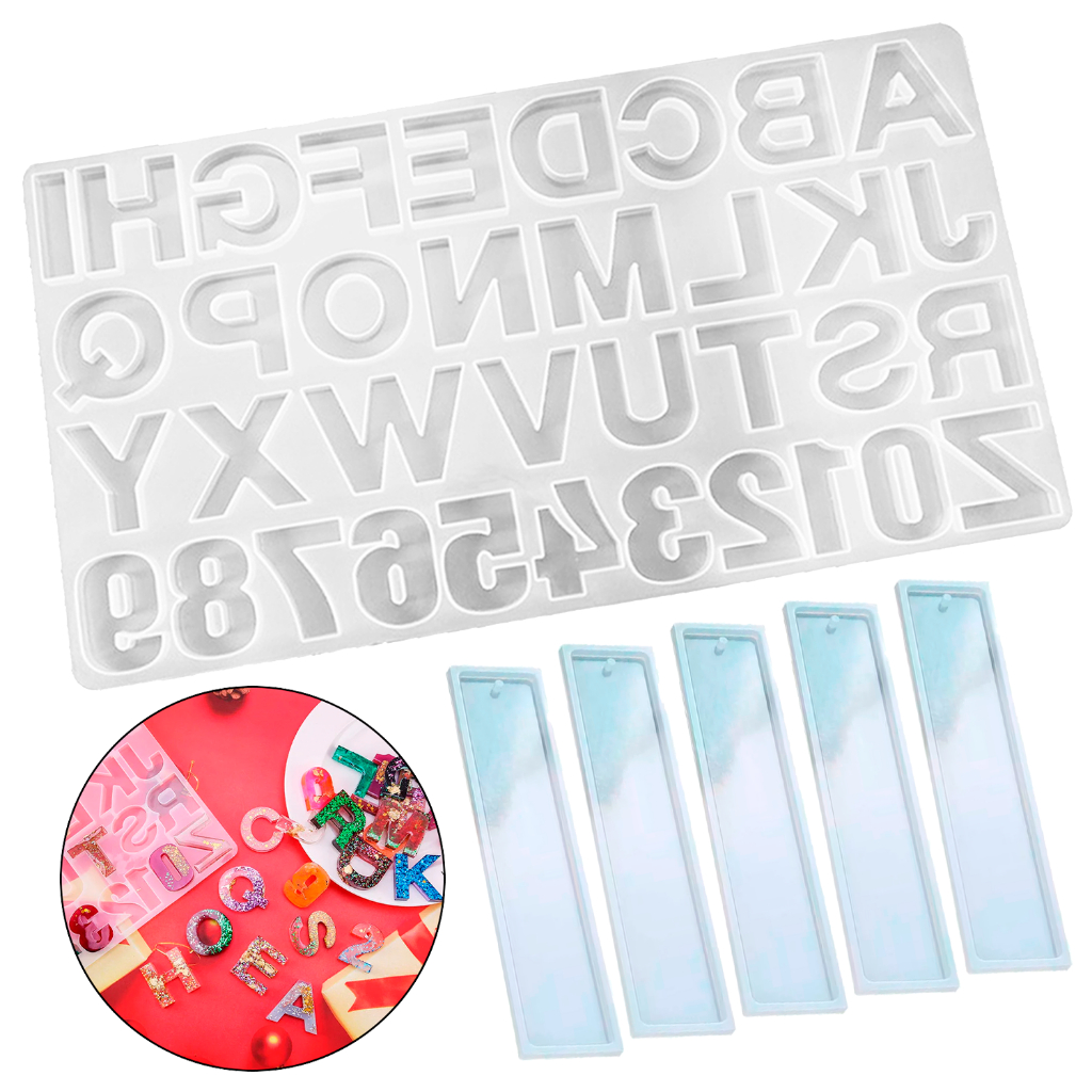 Kit Moldes Silicone Alfabeto Letras Números E 5 Moldes Marca Página Artesanato Resina DIY Manual