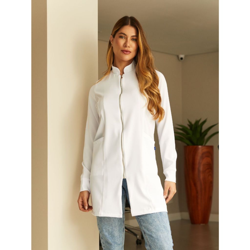 Jaleco Gola Padre Gabardine Com Elastano Zíper Feminino