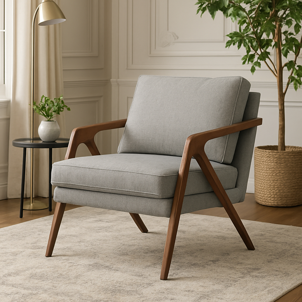 Poltrona Decorativa Mona Luxo Tecido Linho Bege Claro Madeira Maciça Moderna Minimalista Promoção