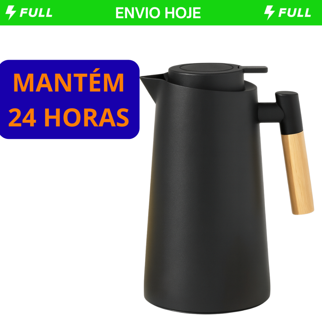 Garrafa Térmica Nórdica Café Chá Cabo de Madeira Vácuo Alavanca de Acionamento 1L Mantém Temperatura