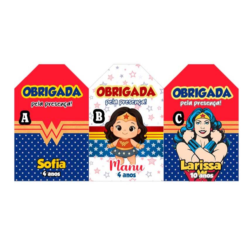 TAG Lembrancinha Mulher Maravilha • Cartão Agradecimento com Nome e Idade • Festa / Aniversário / Personalizados