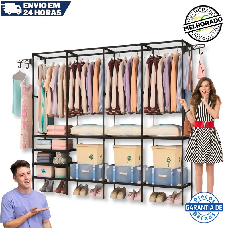 Arara Armário Com Sapateira Cabideiro E Prateleiras Preto Guarda Roupa Portátil Multifuncional Arara  Roupa Cabideiro