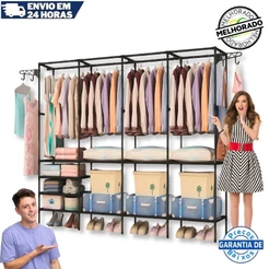 Arara Armário Com Sapateira Cabideiro E Prateleiras Preto Guarda Roupa Portátil Multifuncional Arara Roupa Cabideiro