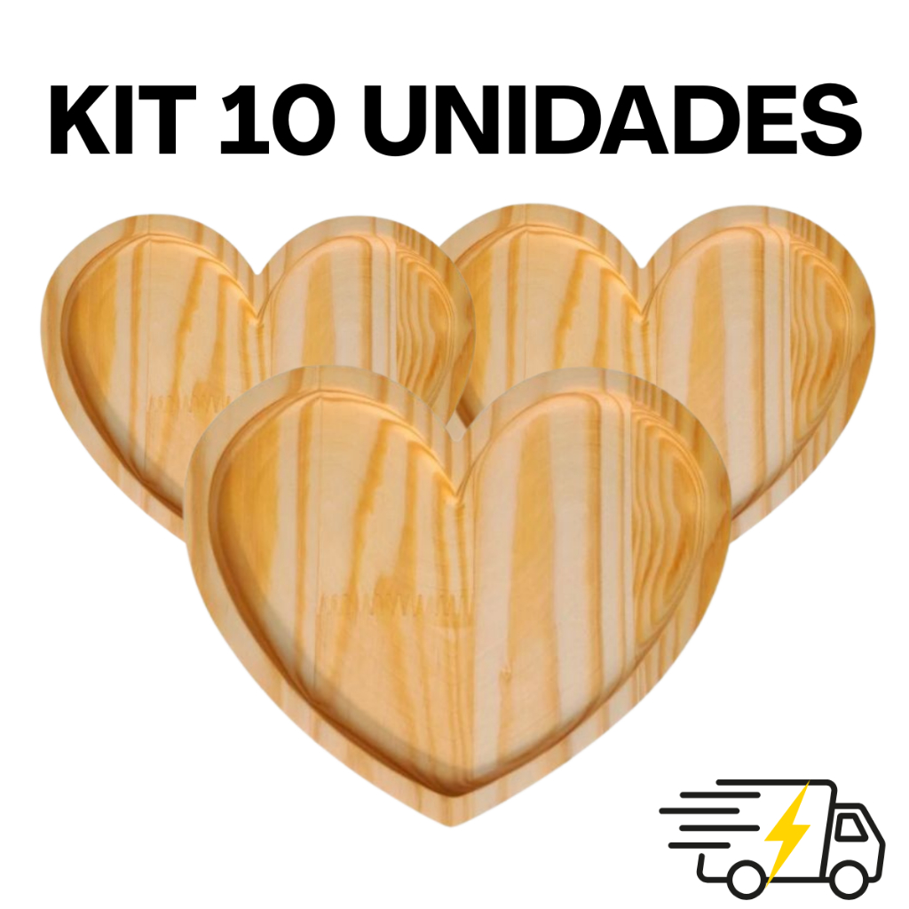Kit 10 Jogo de Pires em Madeira Pinus Coração Para Café Xícaras Chá Mesa Posta