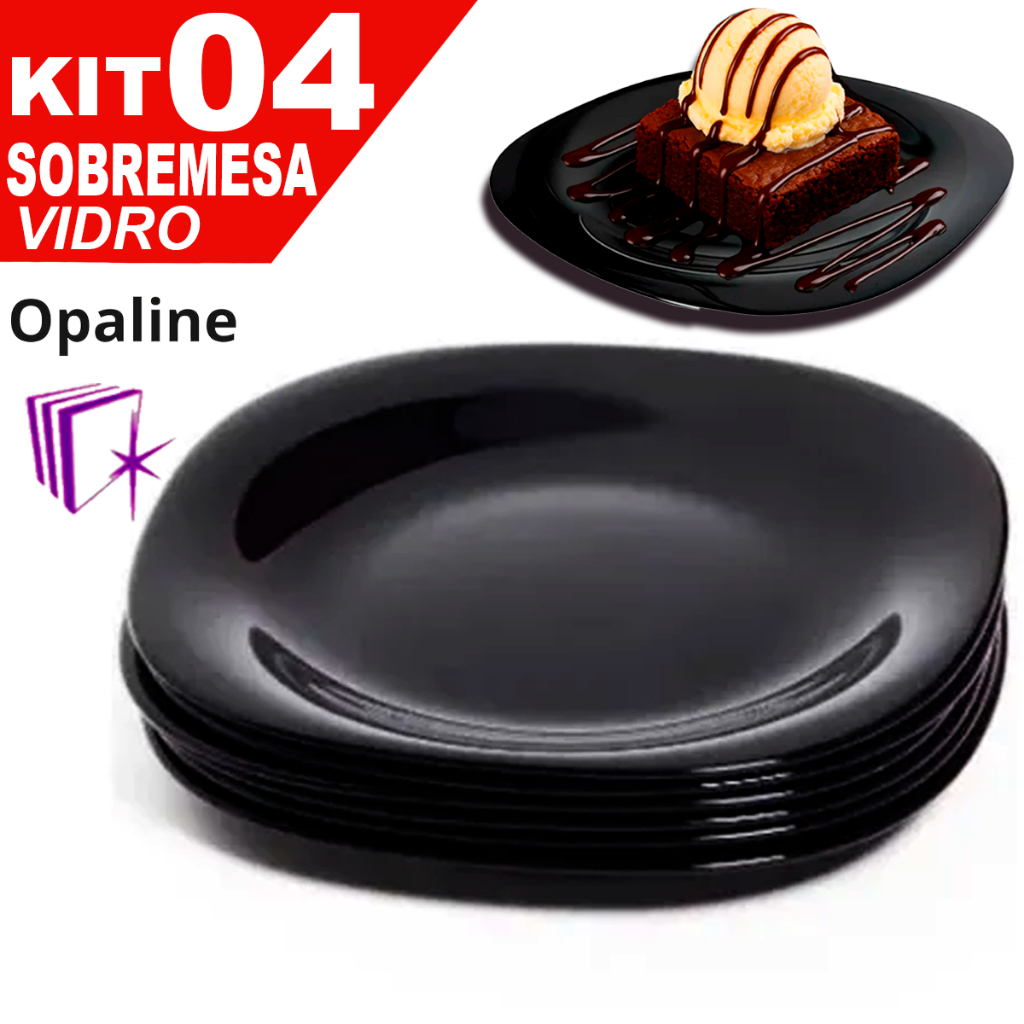 Kit Jogo 04 Pratos Raso de Sobremesa Opaline Quadrado Vidro Preto 21,6cm Grande Mesa Posta Doce em Oferta na Shopee