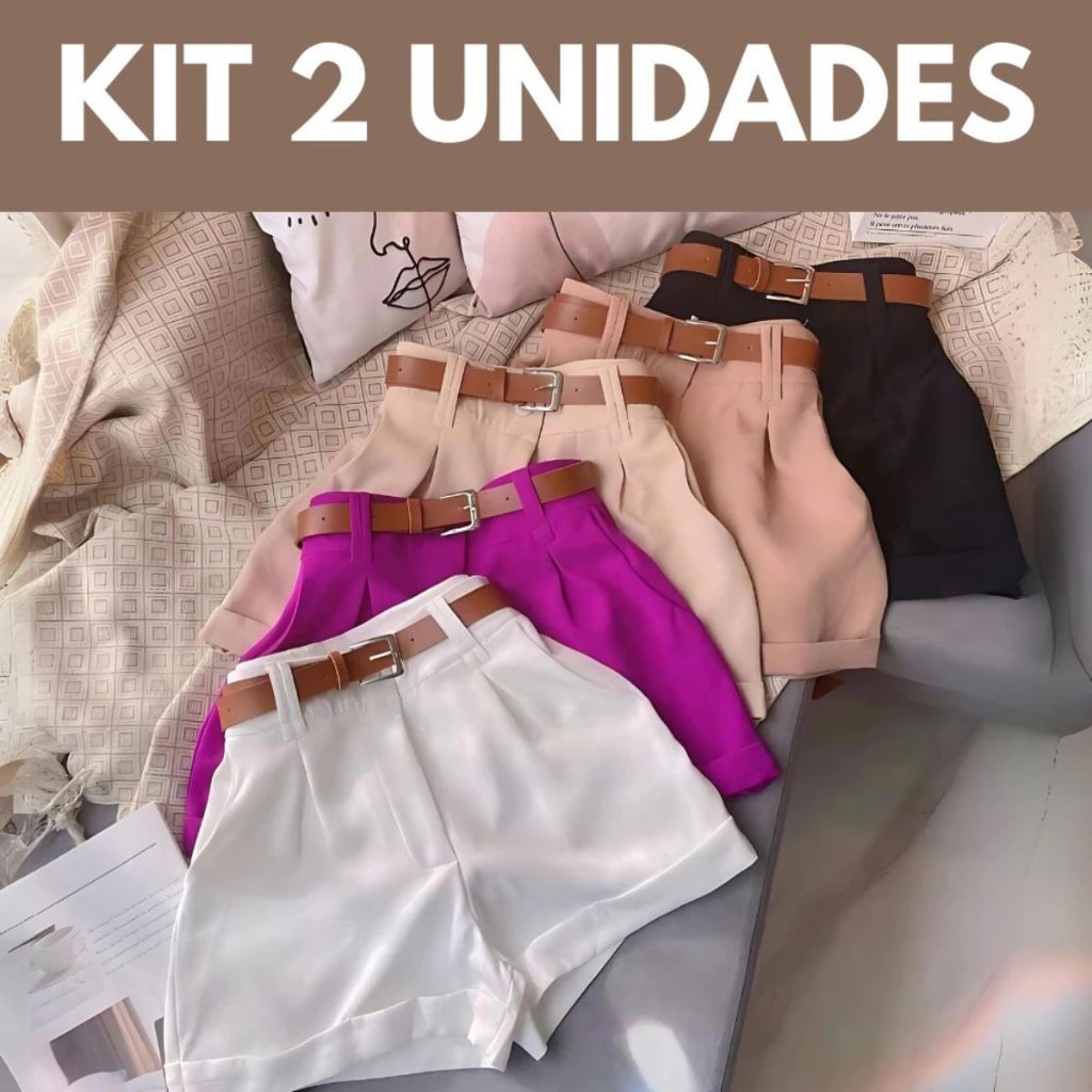 Kit 2 Shorts Alfaiataria Feminina Social Short Cintura Alta com Cinto Disfarça Barriga