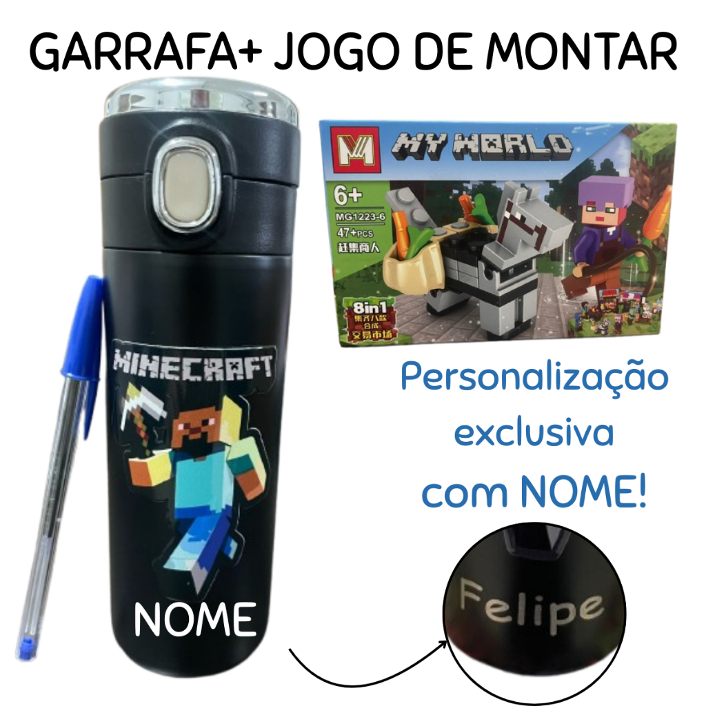 Jogo + Garrafa Térmica Com NOME PersonalizadaMinecraft Inox leito Digita Led Trava de Segurança  Adulto Infantil escola em Oferta na Shopee