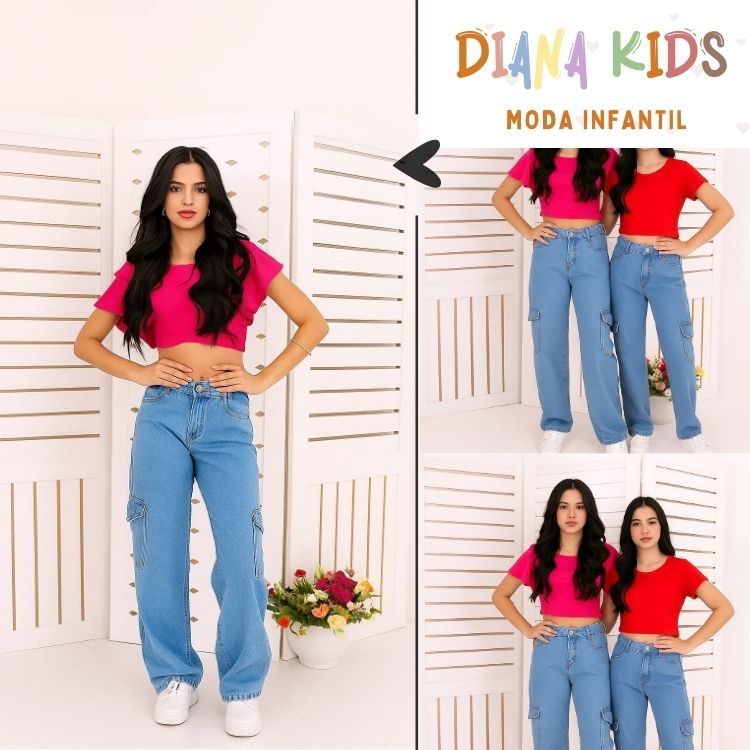 Calça Jeans Cargo Juvenil Lavagem Clara Pantalona Fashion Estilo Wide Leg Com Bolso Cargo Adolescente