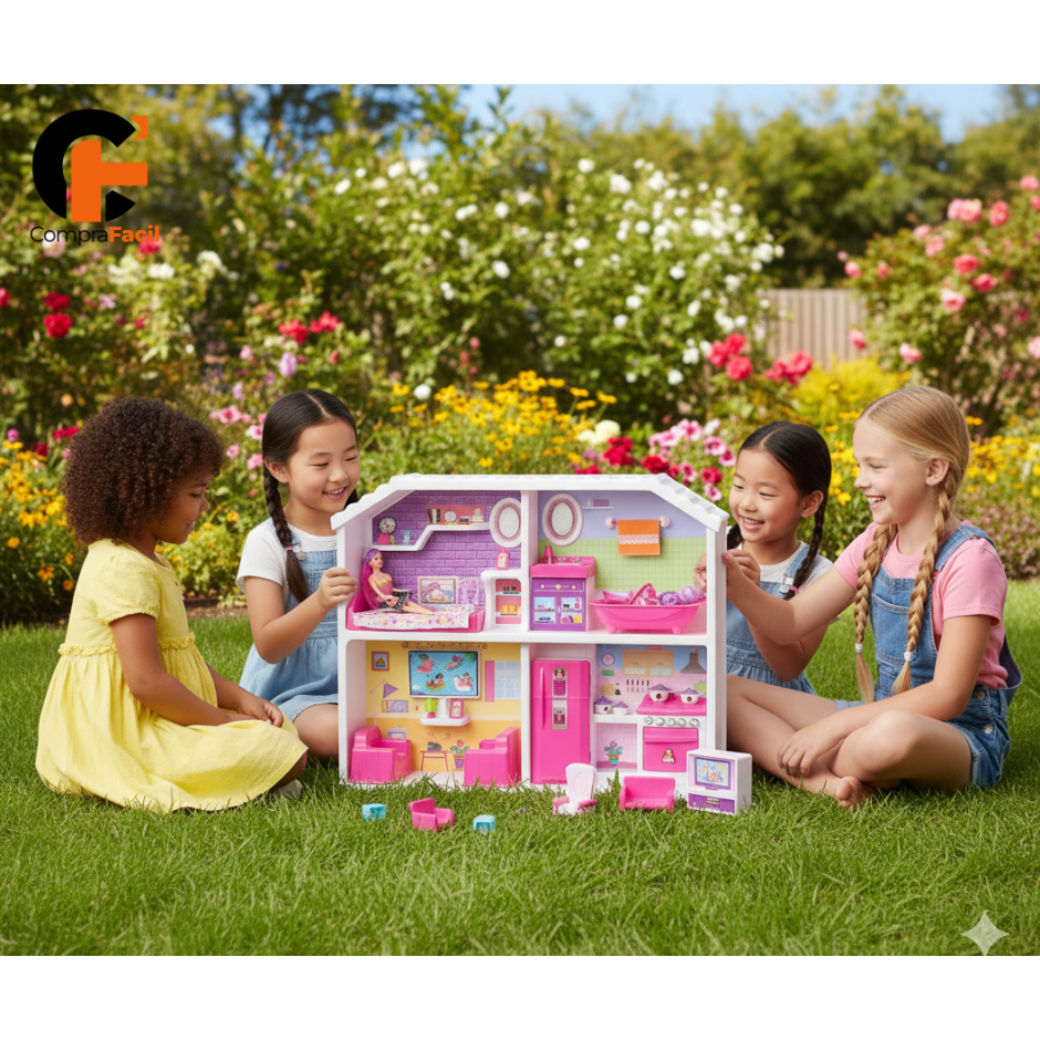 Casinha Boneca Infantil Quarto Sala Cozinha Banheiro Cama Sofá Geladeira Fogão Pia Banheira