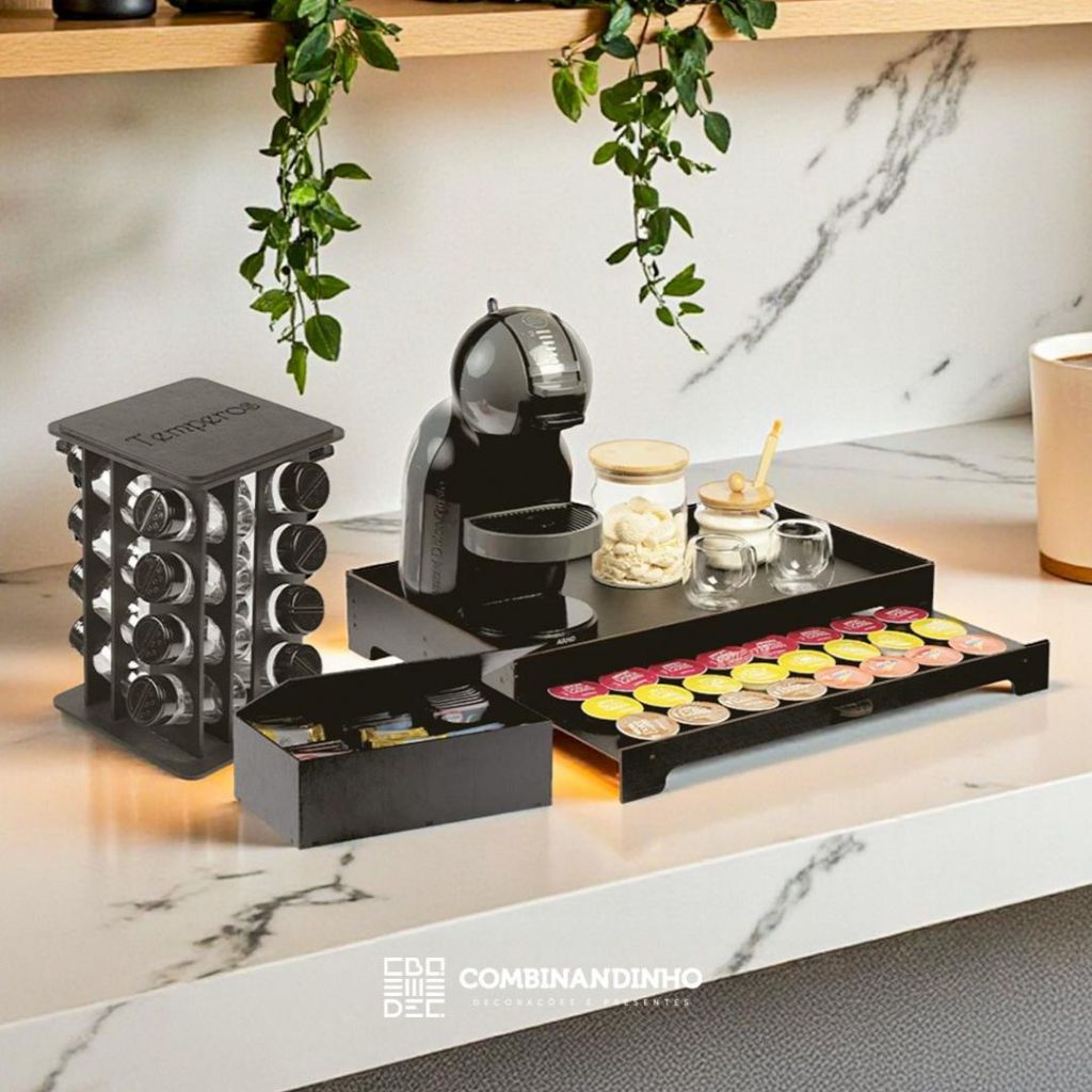 Combo Bandeja de café + Caixa de Chá Sachê de Açucar + Porta Temperos C/ Potes kit cozinha decoração