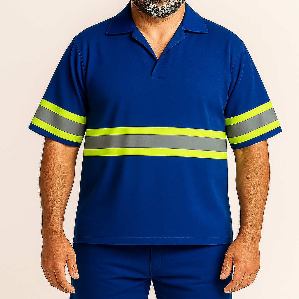 Camisa de Brim Santista MANGA CURTA sem bolso com FAIXA REFLETIVA - Gola Italiana KIT 5