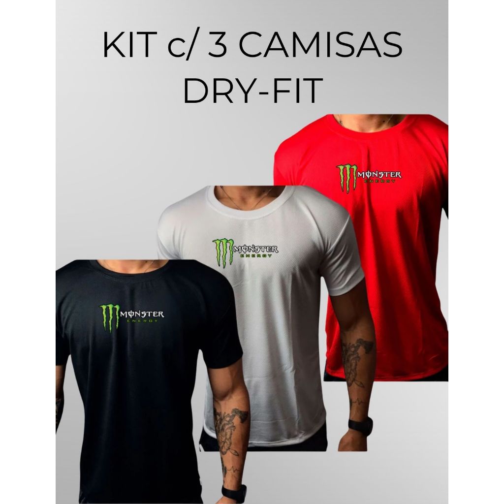 KIT 3 Camisas Dry Fit  Masculina 3 PEÇAS - MONSTER 01 - Corrida, Academia CrossFit, Ideal Para Treinos Intensos