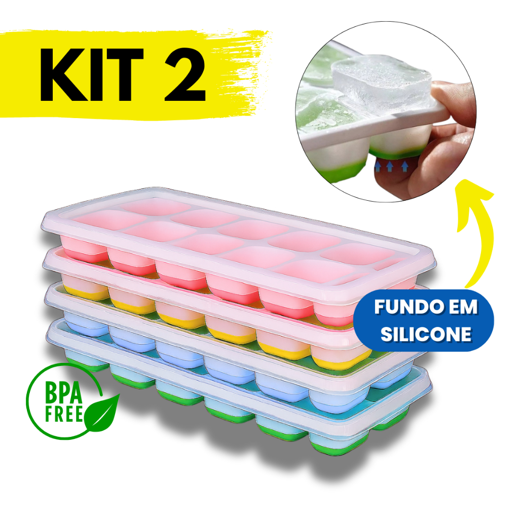 Kit 2 Forma De Gelo Com Tampa Rígida Fundo Flexível Silicone