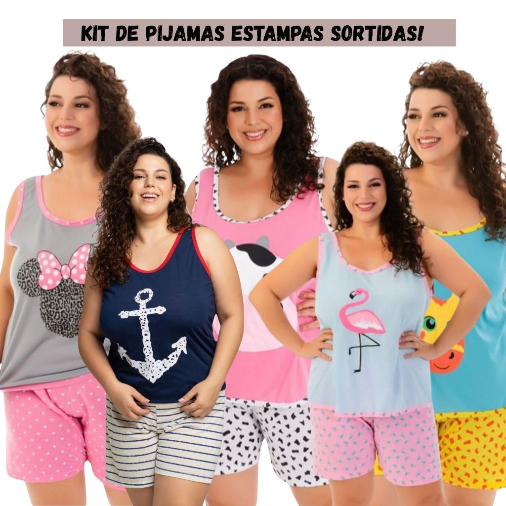 Baby Doll Plus Size Kit com 2 Pijamas Regata em malha Estampas Sortidas (48/50/52/54/56) em Oferta na Shopee