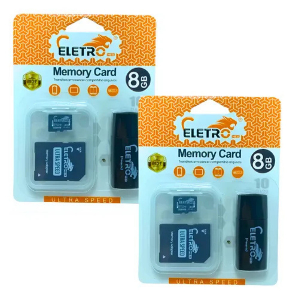 Kit 2 Cartões Memória 8gb Pen Drive Sd 3 Em 1 Classe 10