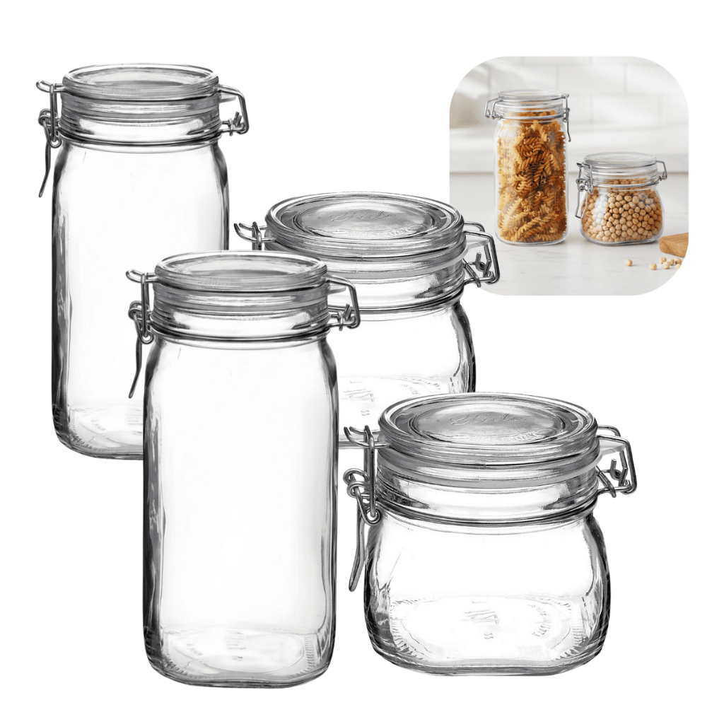 Kit 4 Potes de vidro Fido Bormioli  fechamento hermético armazenamento mantimentos organização armário arroz feijão café