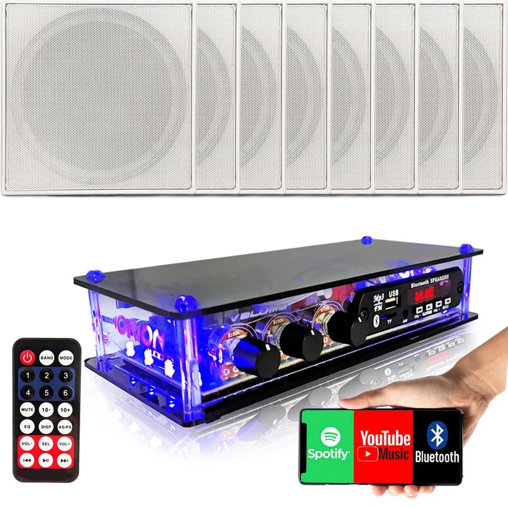 Kit Som Ambiente Amplificador RCBT + 8 Caixa Acústica Teto P/ Gesso