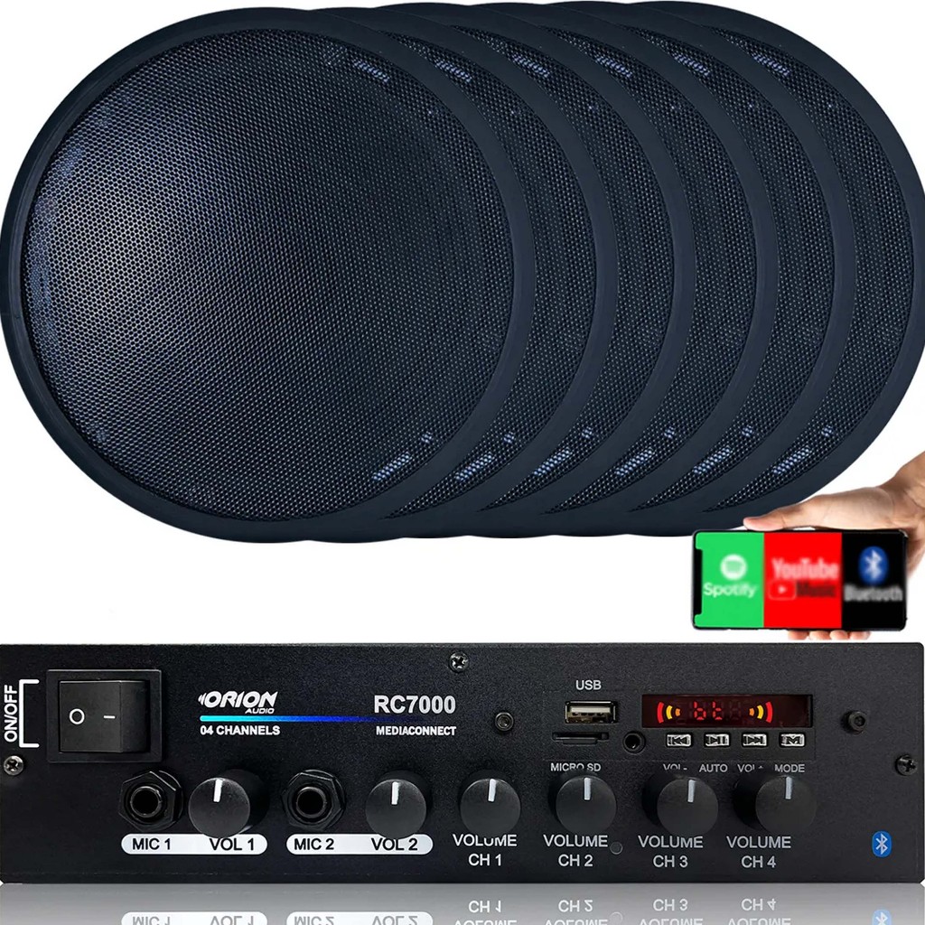 Kit Som Ambiente Rc7000 Orion + 6 Falante Teto Embutir Preto