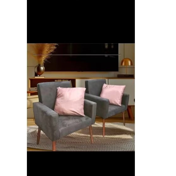 Poltrona Nina pés palito castanho decoração tecido suede