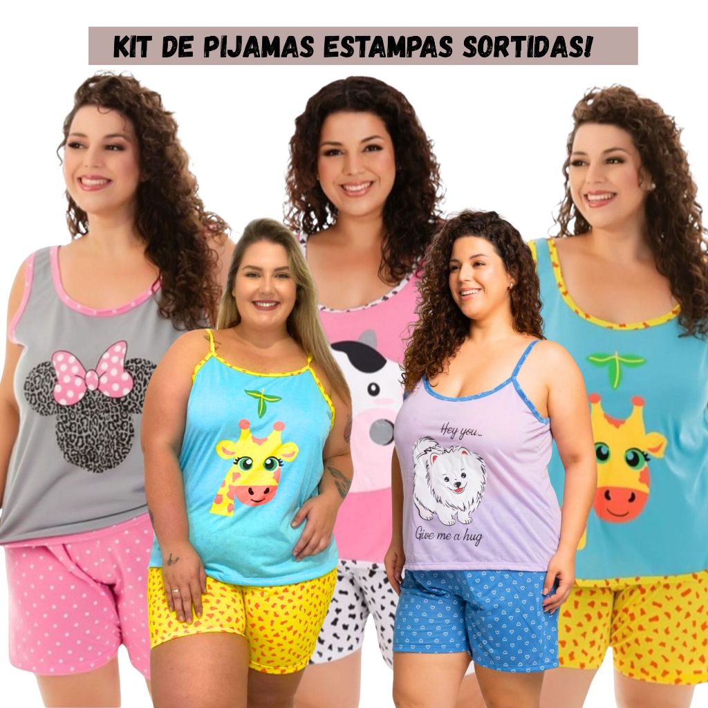 Kit 2 Baby Doll Feminino Plus Size Regata Estampado / Pijama Plus Size Estampas Sortidas em Oferta na Shopee