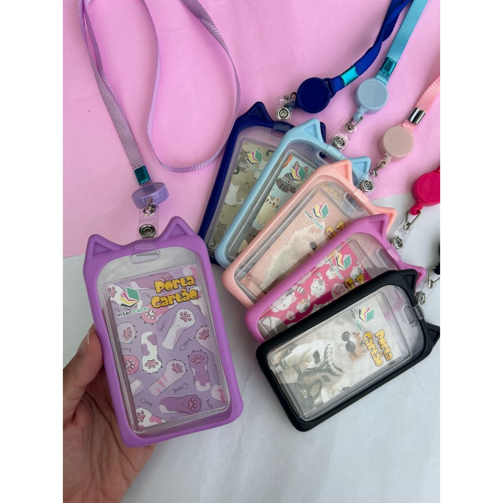 Porta Cartão Crachá Gatinho Com Cordão Retrátil Com Capa