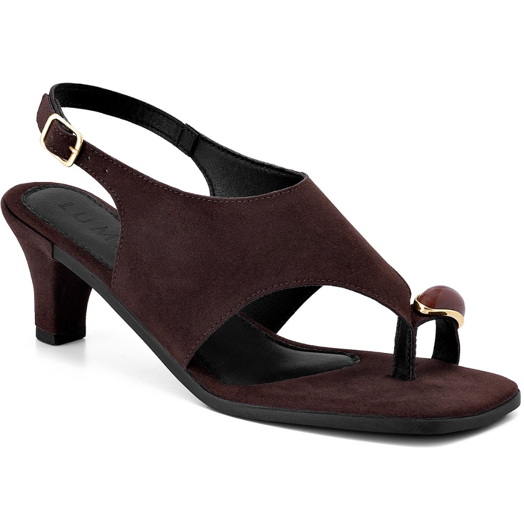 Sandália Feminina Lumiss Salto Fino Baixo Bico Quadrado Enfeite Metalizado Camurça em Oferta na Shopee