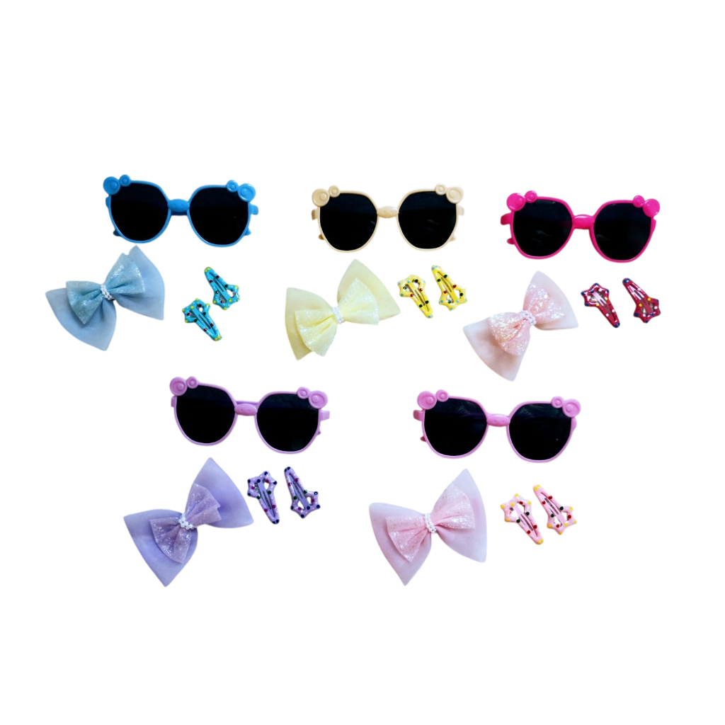 Kit de Óculos de sol infantil com laço e presilhas para Cabelo kids menina presente festa verão praia criança acessórios