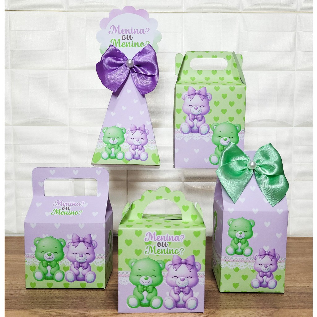 Kit Caixinhas Personalizadas Lembrancinhas Chá Revelação Verde e Lilás.