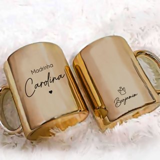 Caneca Madrinha e Padrinho Batismo Metalizada Dourada Personalizada Uma unidade com Frente e Verso em Oferta na Shopee