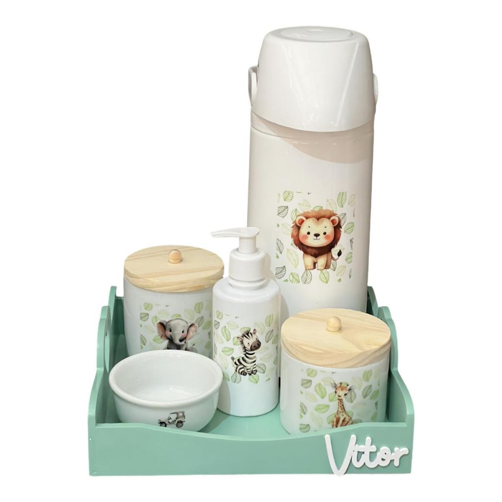 Kit Higiene Bebê Porcelana Safari Bandeja Pinus Adesivo Dtf Uv Com Nome Personalizado Garrafa Pump Bandeja Verde em Oferta na Shopee