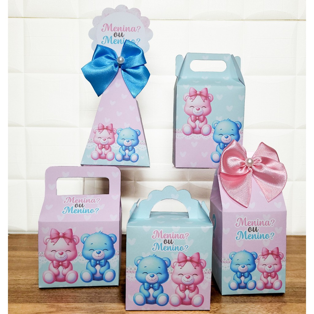 Kit Caixinhas Personalizadas Lembrancinhas Chá Revelação Azul e Rosa.