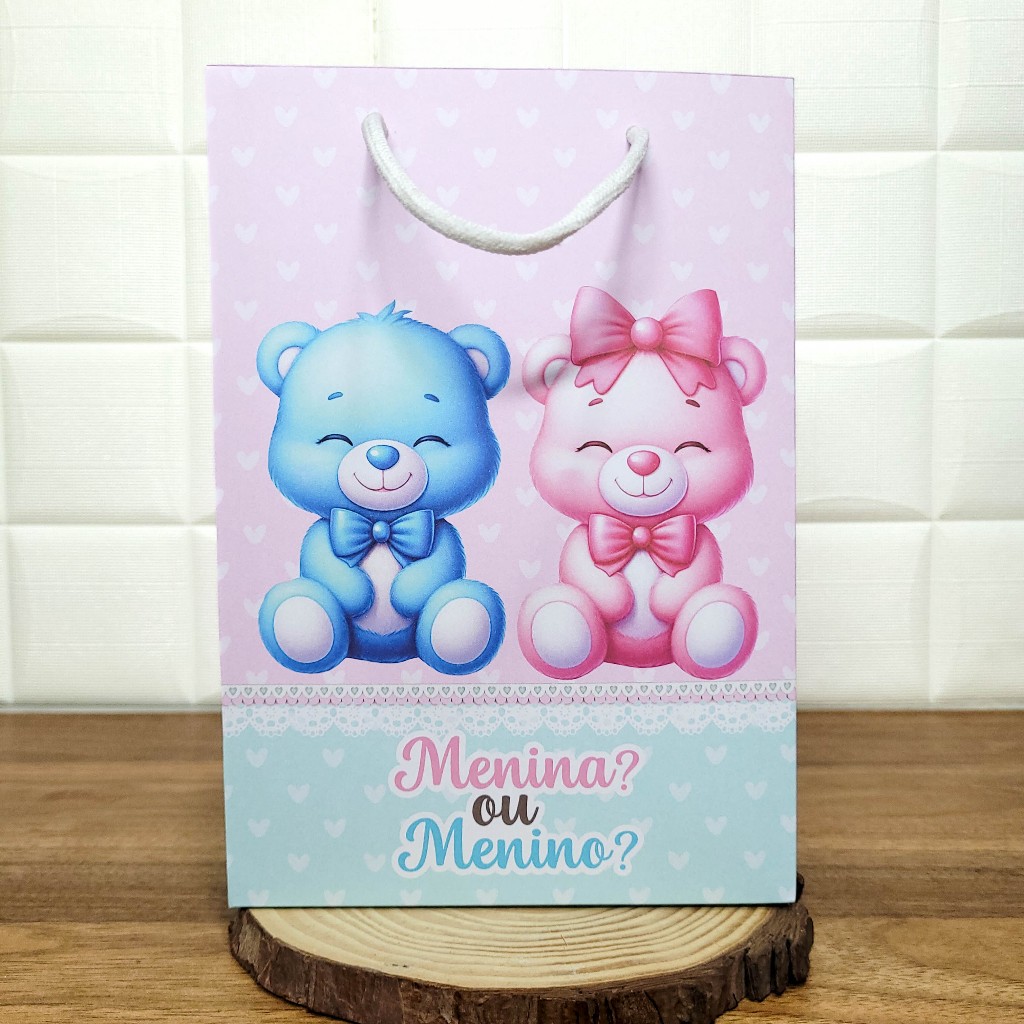 Sacolinha (M) Personalizada Lembrancinha Chá Revelação Azul e Rosa.