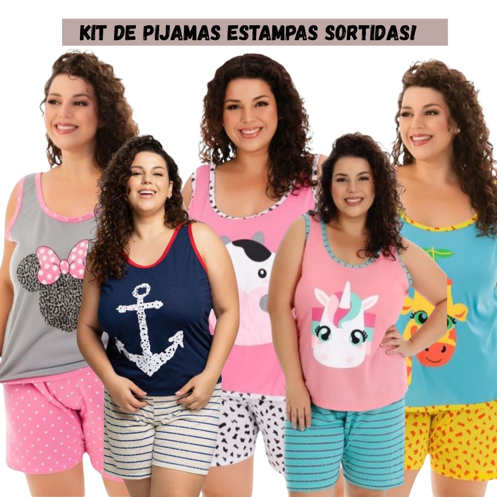 Baby Doll Plus Size Kit com 2 Pijamas Feminino Regata em malha Estampas Sortidas (48/50/52/54/56) em Oferta na Shopee