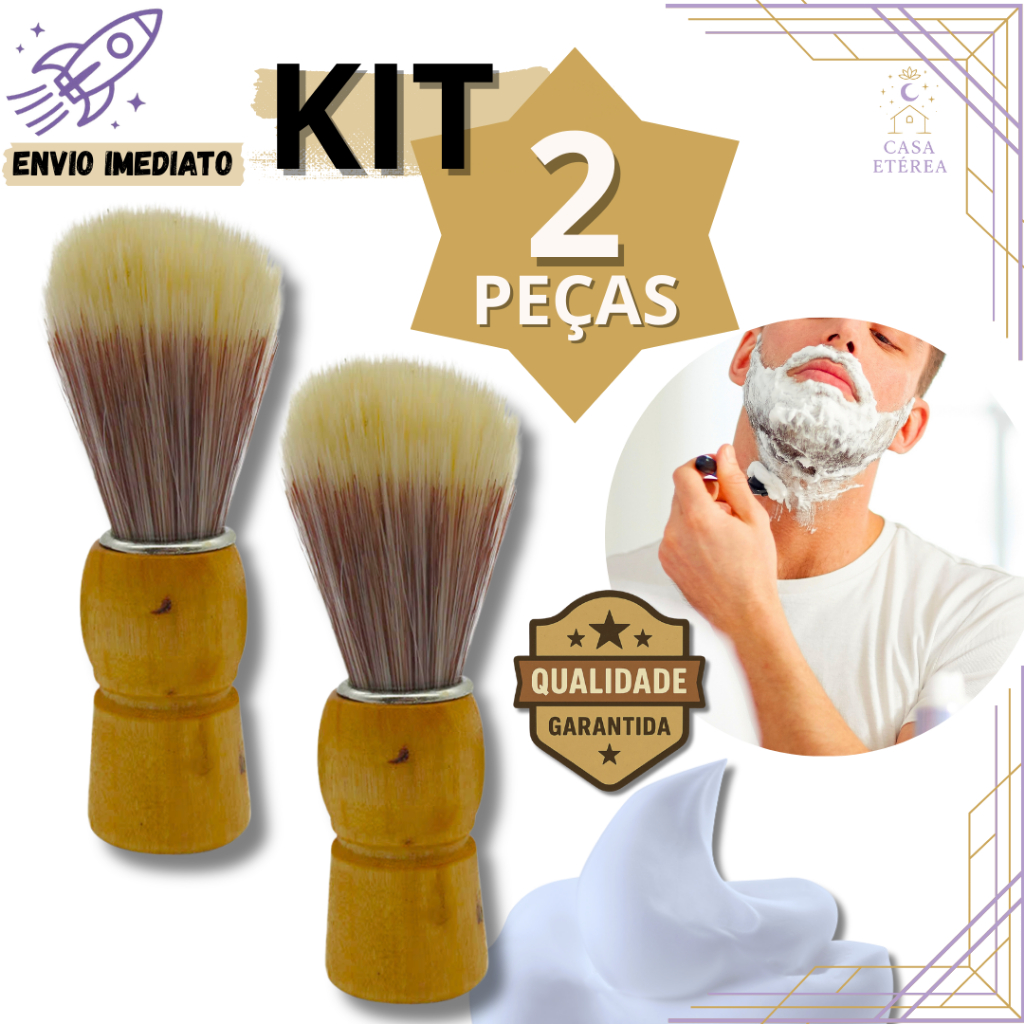 Kit 2 Pincel de Barbear Cabo Madeira Cerdas Macias para Barbeiros Profissionais em Barbearia Salão Casa