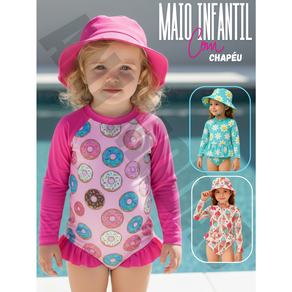 Maiô Menina Infantil Com Chapéu Verão Piscina Praia Agua Proteção Uv em Oferta na Shopee