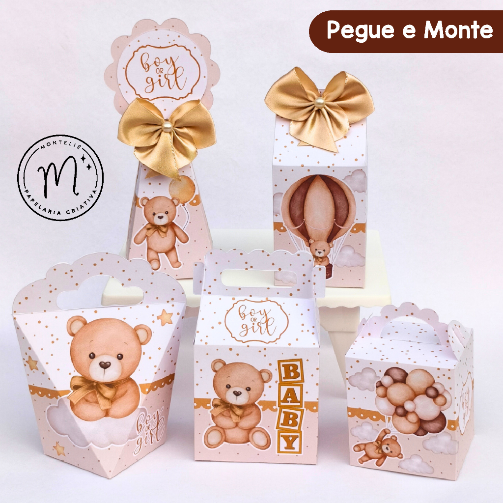 Kit Festa Chá de Bebê Fraldas Revelação Ursinho Menino Dourado Neutro Marrom Bege | Lembrancinhas | (Pegue e Monte)