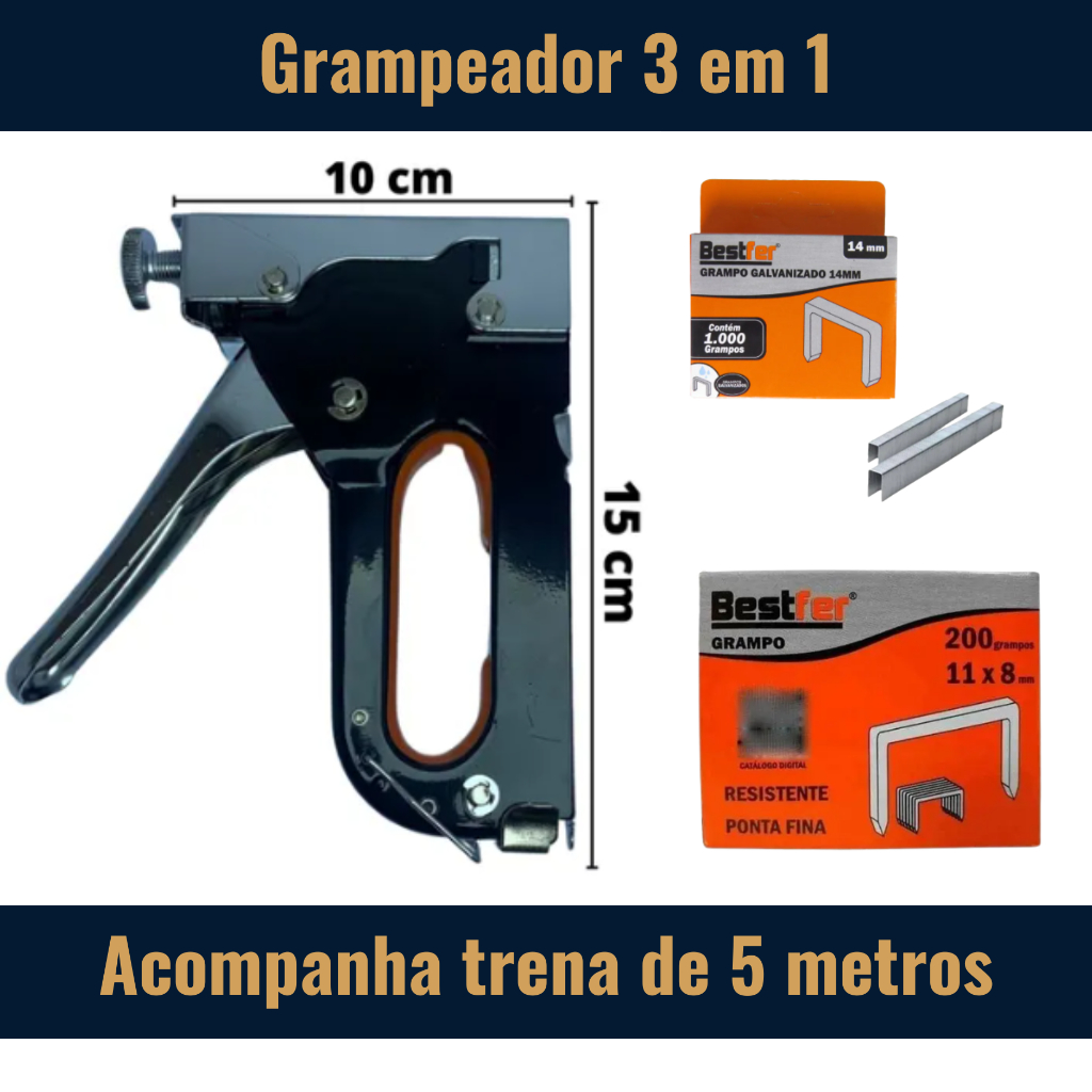 Kit Grampeador 3 em 1 Profissional + Trena 5m  Marcenaria, Tapeçaria, DIY   Oficina Trena resistente
