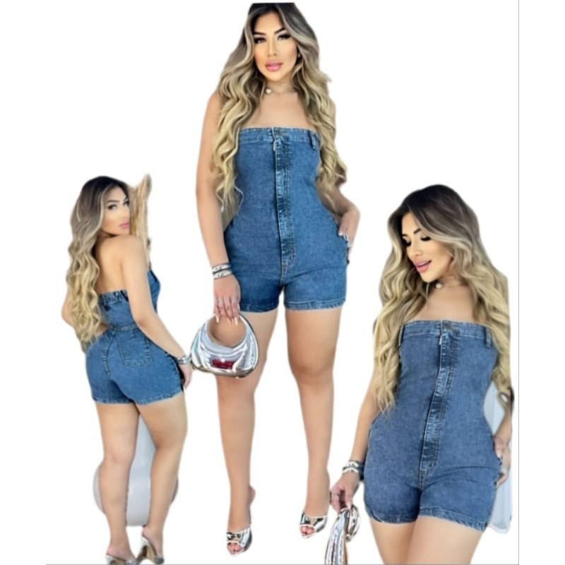 Macacão Jeans Feminino com laycra Tomara que Caia Plus Size Moda Verão promoção Tam 48/50