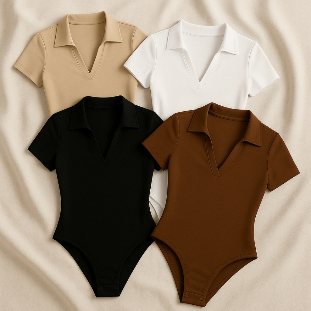 Kit 3 Bodi Polo Feminino Suplex Manga Curta Básico Premium Confortável Ajustado Gola Polo Elegante em Oferta na Shopee