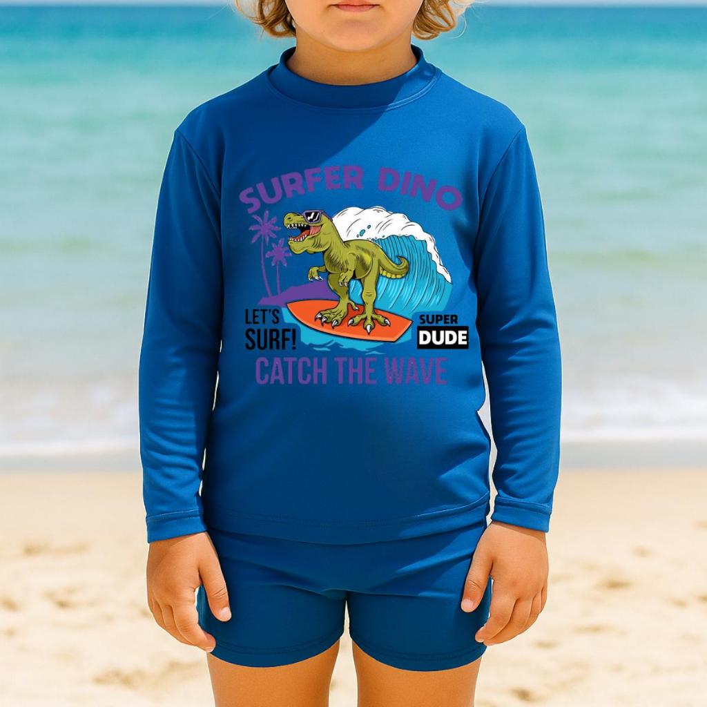 Camisa Uv Infantil Super Dino Manga Longa Proteção Termica