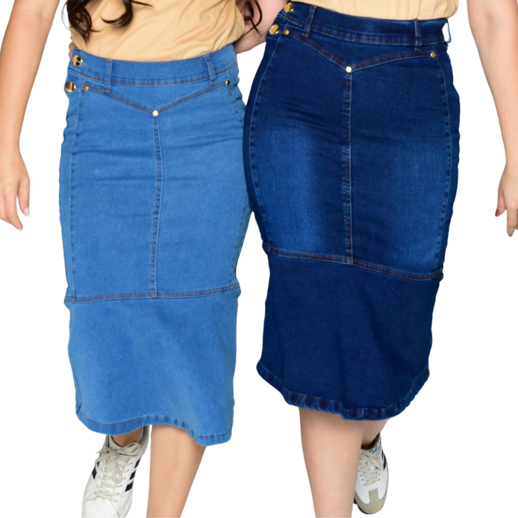 Saia Jeans Brunna Midi Com Botoes Laterais Com Lycra Confortavel em Oferta na Shopee