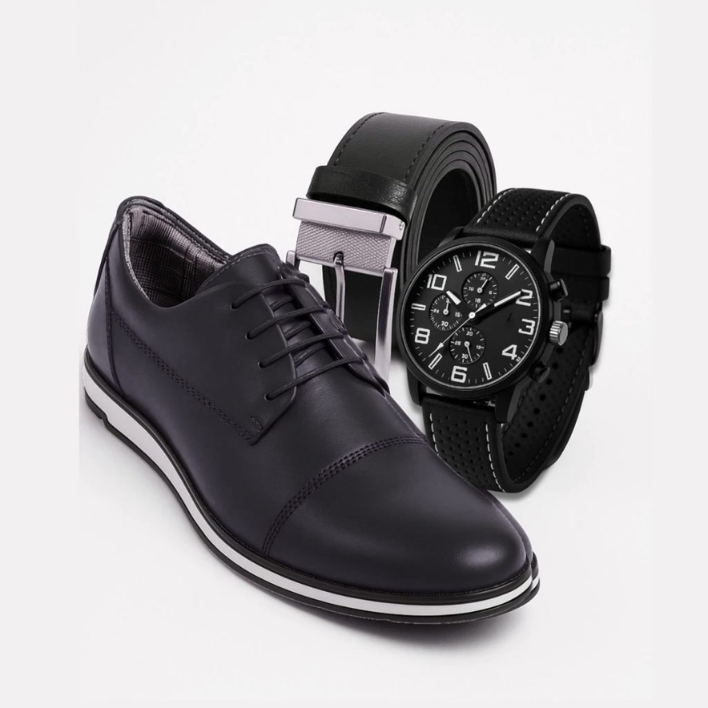 Kit Sapato Masculino Oxford Clássico Luxo com Relógio e Cinto Confortável Social com Cadarço