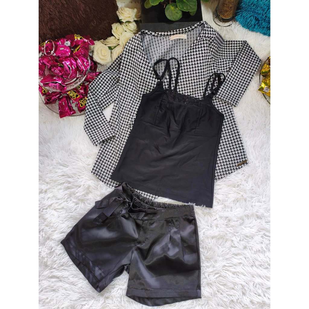 Conjunto Infantil Feminino, (Blusa Regata+Shorts Cetim + Casaqueto ml Bicolor)Tam: 10, Marca: Bauerbauer1977