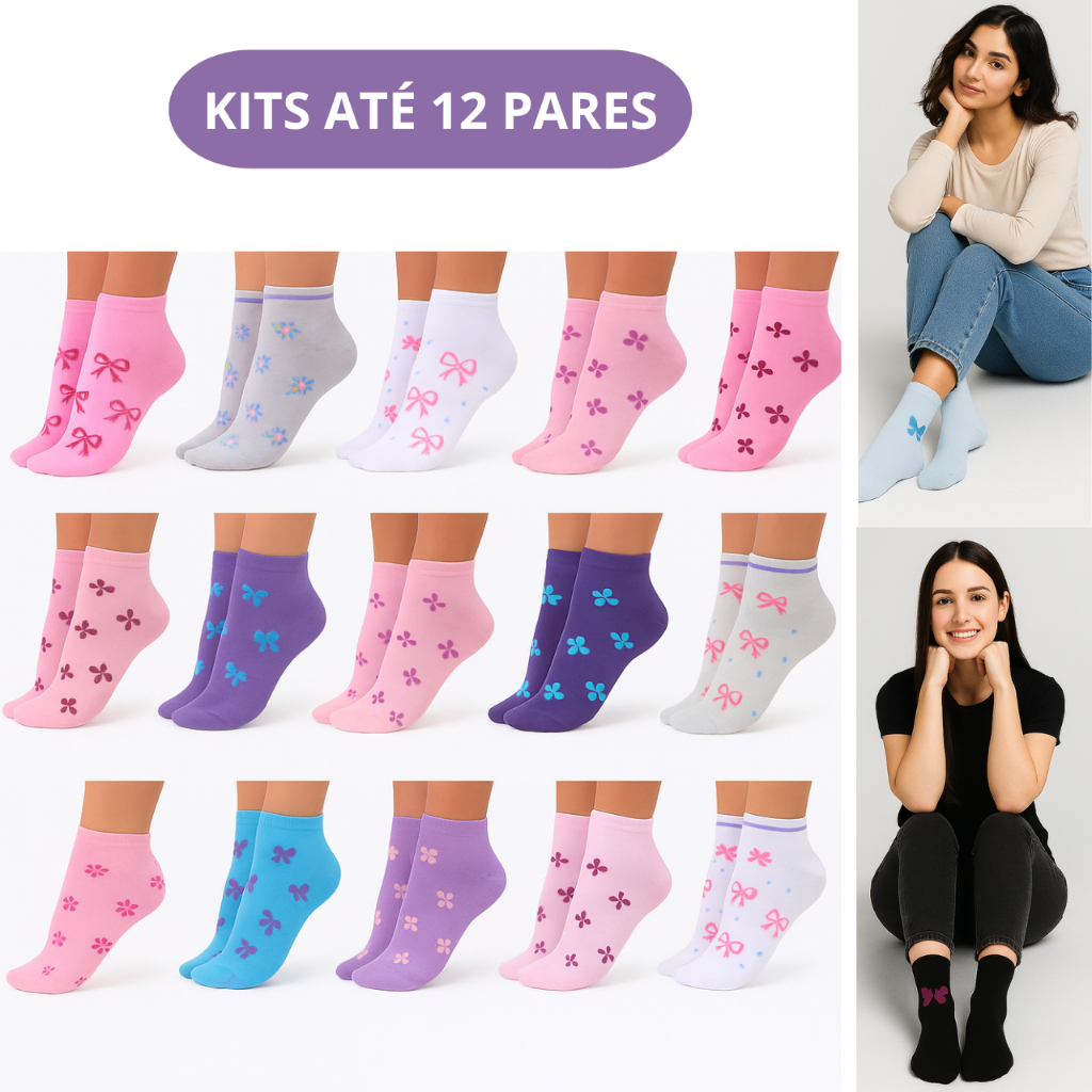 Kit Pares de Meias Soquete Feminina Adulto Estampada Cores Delicadas Kit Pares de Meias Soquete Feminina Adulto Estampada Cores Delicadas
