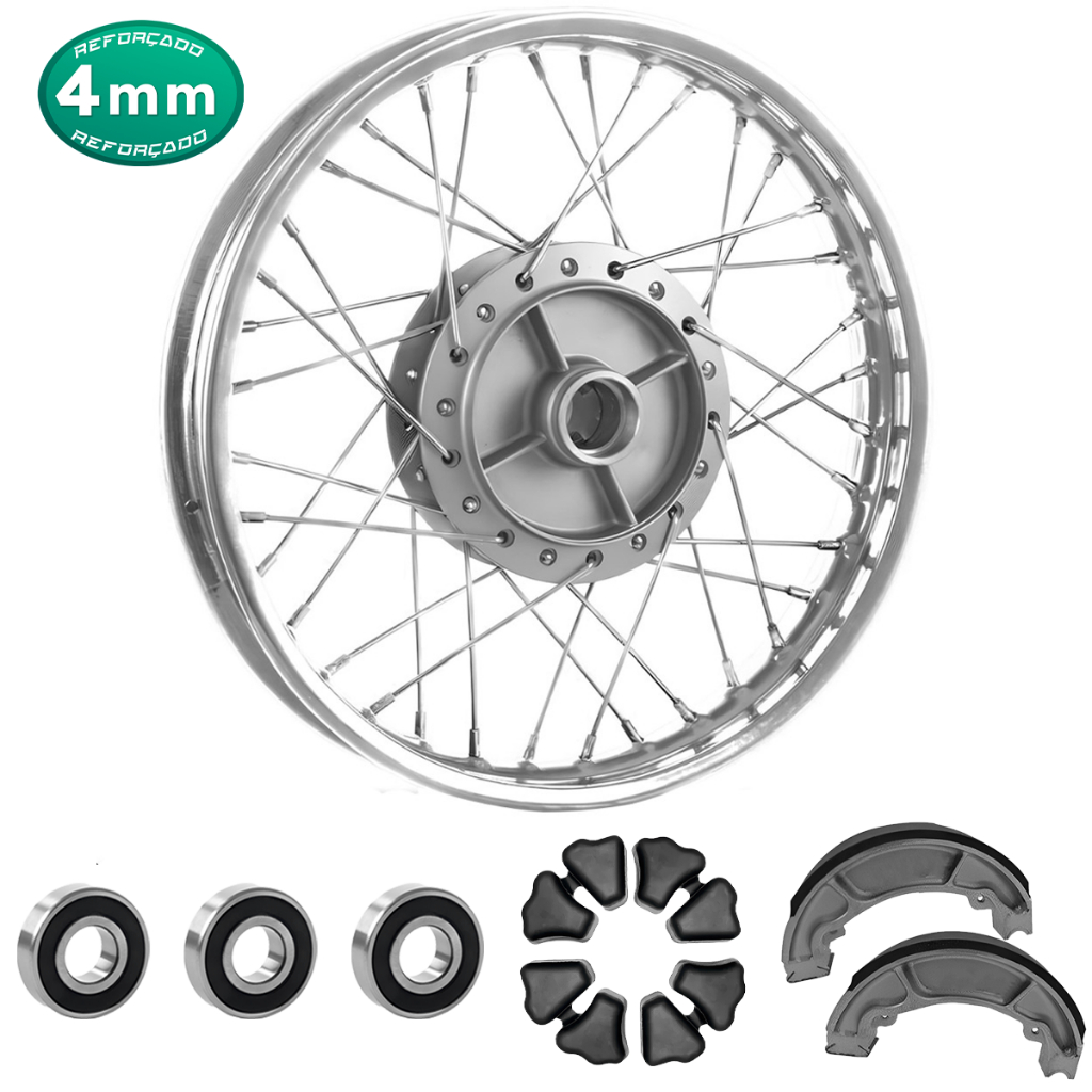 Roda Traseira Completa Titan 150 Fan 150 Raio Cromado 4mm + Lona Freio + Rolamento + Bucha da Coroa