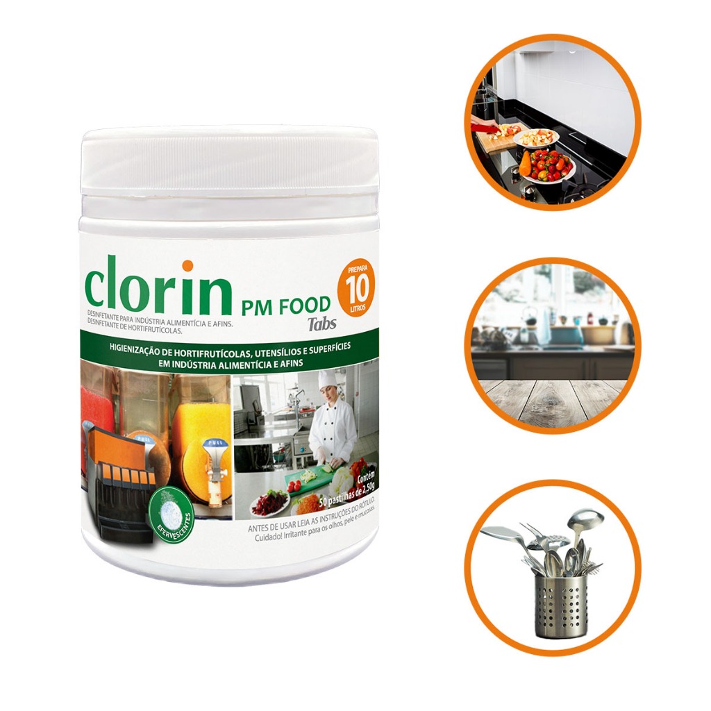 50 Pastilhas Desinfetantes p/ Alimentos e Utensílios – Clorin PM FOOD Tabs 10L